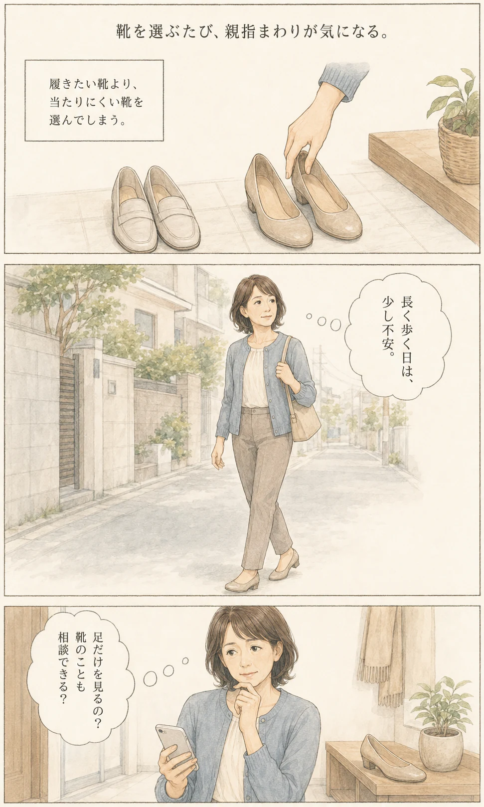 親指まわりが気になり、履きたい靴より当たりにくい靴を選び、長く歩く日に不安を感じる様子を描いた漫画