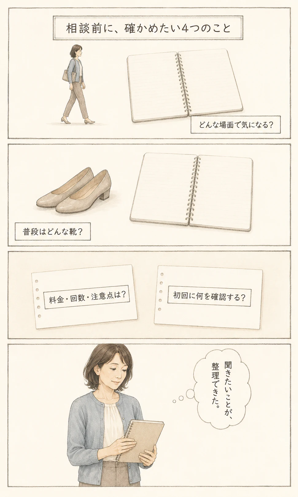 外反母趾や靴の相談前に、気になる場面、普段の靴、初回の確認内容、料金や回数を整理する漫画
