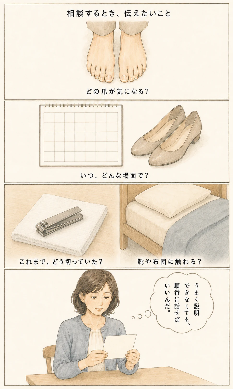 巻き爪を相談するときに、指、気になる場面、靴や布団との接触、爪の切り方を順番に整理する漫画